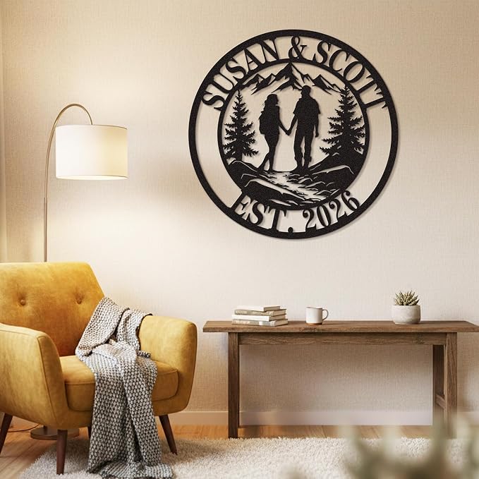 Personalized Valentine’s Day Metal Wall Sign, Custom Couple Name with EST Date, Romantic Mountain & Trees Wall Art, Outdoor Love Decor for Couples