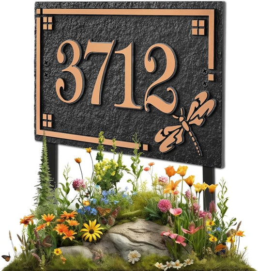 House Address Sign Address Plaque for Outside Custom Street Name Address Sign House Number with Lawn Stake (Black/Rose Gold)