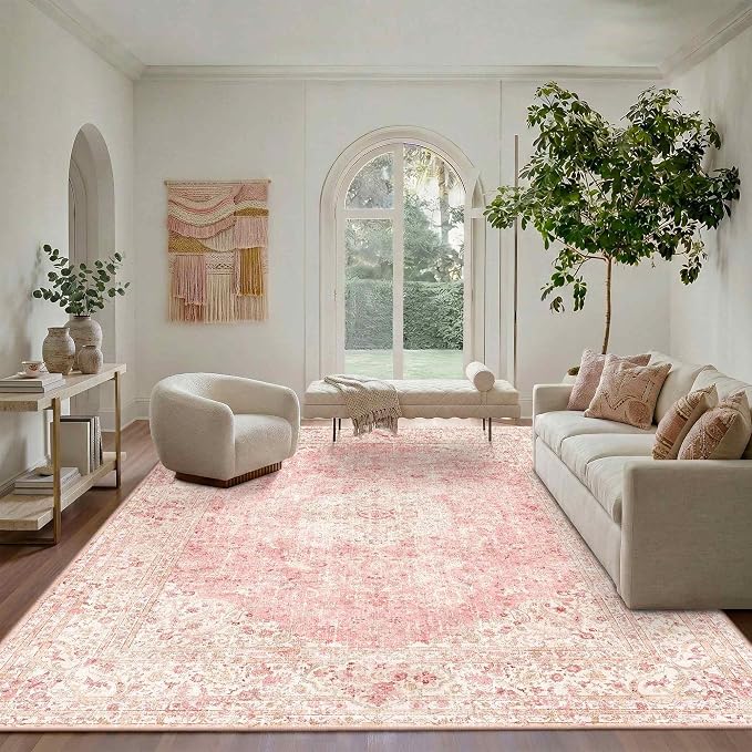 Latte&Fog 8x10 Area Rugs for Living Room Washable Large Pink Rugs Cute | Non Slip Low Pile Soft Floral Carpet for Girls Bedroom Dining Kitchen Kids Playroom Nursery Classroom Dorm Farmhouse Office