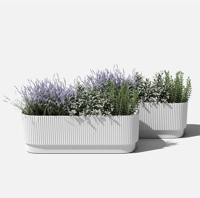 Veradek Demi Series Long Planter for Porch, Patio, Backyard | Durable Plastic-Stone Composite Material | Modern Décor for Shrubs, Flowers