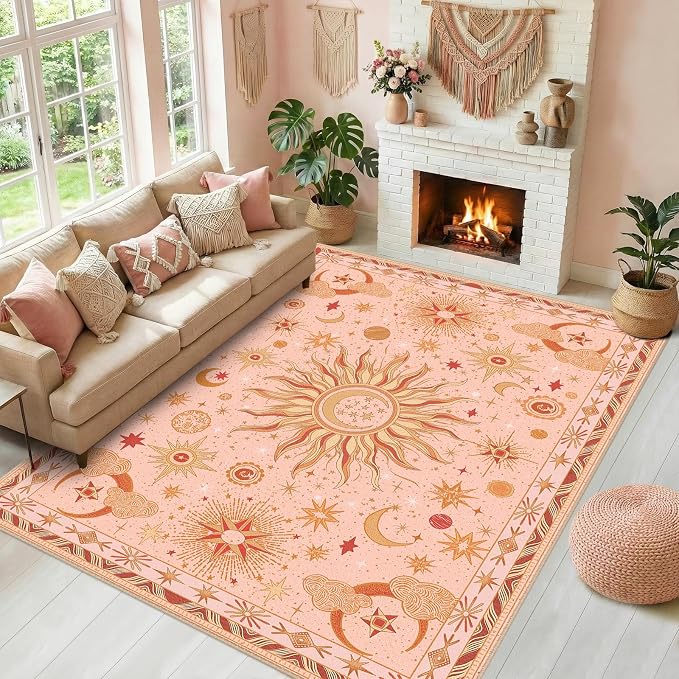 Vacuum-Friendly, 8x10 Washable Area Rug, Pink Gold Beige Red | Sun and Moon Boho Gothic Non-Slip Low Pile Living Roon Bedroom Dining Room Kitchen Entry Entryway Entrance Hallway Doormat