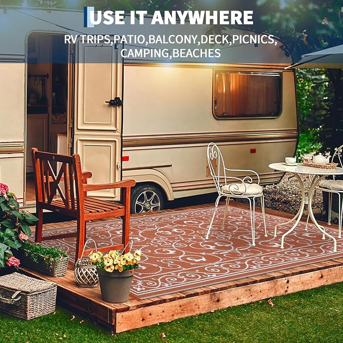 Garvee 9x12 Outdoor Rug for Patio Plastic Straw Rug Waterproof Reversible Mat Lightweight Foldable Carpet Easy Clean Large Rugs for Patio Porch Backyard Camping RV Beach Balcony Deck Vintage Orange
