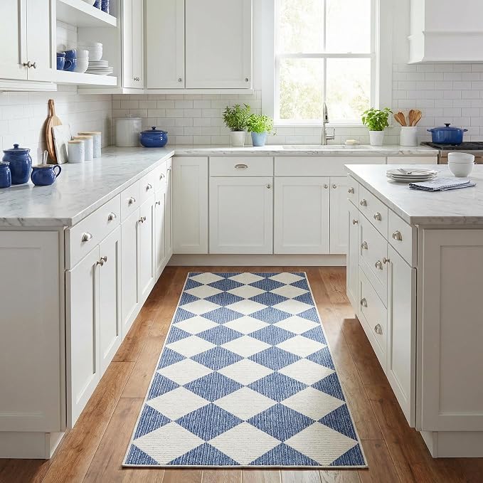 GarveeHome Checkered Long Hallway Runner Rug 2.5x10 Navy Blue Kitchen Rug | Non Slip Soft Diamond Print Entryway Rug Thin Laundry Mat Stain Resistant Carpet for Bedroom Bathroom Beside
