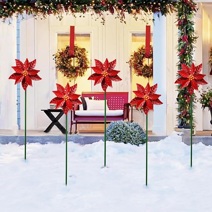 Metal Flowers Wind Spinner Garden Lawn Stakes Yard Art Poinsettia Windmill | 27 Inch Handicraft Lawn Decorations, 5 Pieces Christmas Star Stake, Metal Yard Art Outdoor Mother's Day Decoration Gift