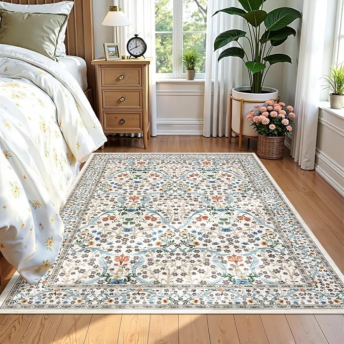GarveeHome 4x6 Washable Area Rug for Living Room, Floral Large Entryway Kitchen Rug Non Slip, Ultra Soft Stain Resistance Carpet for Bedroom Laundry Room, Beige
