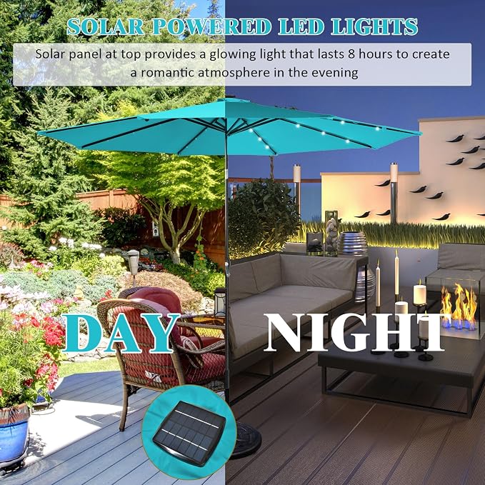 HAPPYGRILL 10FT Patio Umbrella with Lights Outdoor Solar Powered Sunbrella with Tilt Crank Umbrella for Garden Poolside Backyard Beach