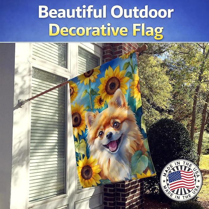 Caroline's Treasures DAC6136CHF Pomeranian in Sunflowers House Flag Large Porch Sleeve Pole Decorative Outside Yard Banner Artwork Wall Hanging, Polyester, House Size, Multicolor