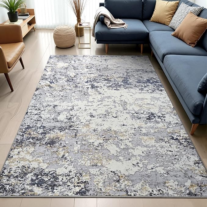 Toneed 4x6 Washable Non Slip Abstract Area Rugs for Bedroom Living Room | Soft Modern Low Pile Rug for Kitchen Hallway Office,Indoor Carpet for Kids Nursery Home Decor, Blue White Gold