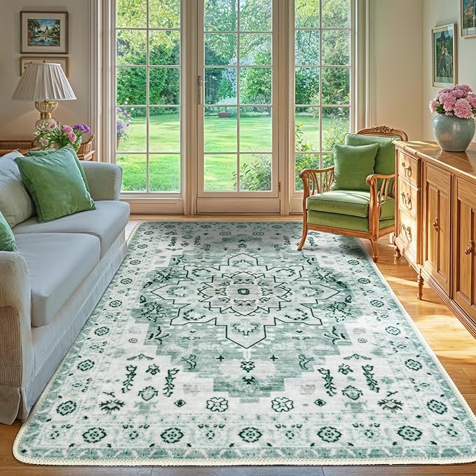 LBRO2M Machine Washable Rug Soft Pet Friendly Carpet 5X7 Light Green | Area Rug 5X7 for Living Room, Bedroom, Dining Room, Home Office, Non Slip Carpet, Foldable Stain Resistant Rugs