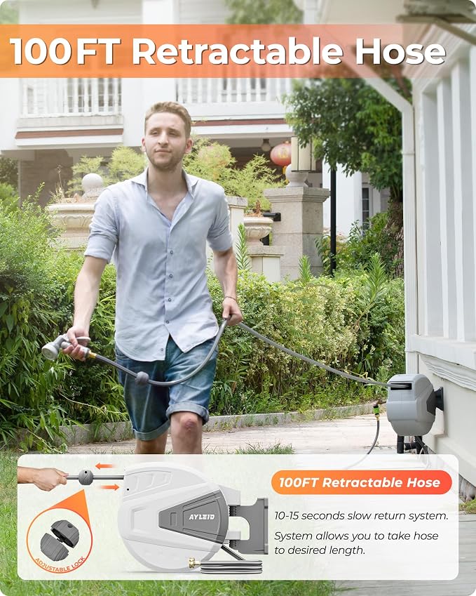 Ayleid Retractable Garden Hose Reel,5/8 in x 100 FT Wall Mounted Hose Reel, with 9- Function Sprayer Nozzle, Any Length Lock/Slow Return System/Wall Mounted/180°Swivel Bracket (Gray)