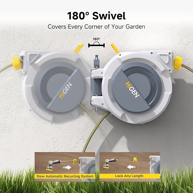 Retractable Garden Hose Reel, 1/2 in x 100 ft Heavy Duty Wall Mounted Water Hose Reel for Outside, UV Resistant Shell, Any Length Lock, Slow Rewind System, 180° Swivel Bracket, 10 Pattern Metal Nozzle