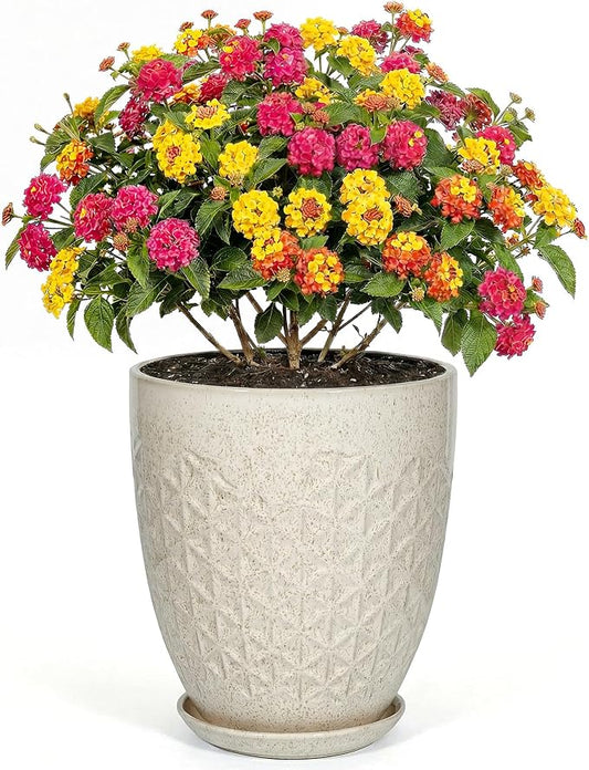 9.5 Inch Flower Pots for Indoor Plants,Ceramic Planter with Saucer Drainage Leak-Proof Mesh Gardening Gloves(Silk-White)