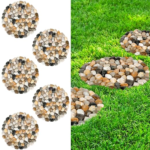 River Rock Stepping Stones Outdoor for Garden Walkway, 10 inch Diameter 5 Pcs Round Shape Paver Step Stones Polished Pebble River Stone Mat for Yard Lawn Patio Pathway Walk Way - Multi-Color