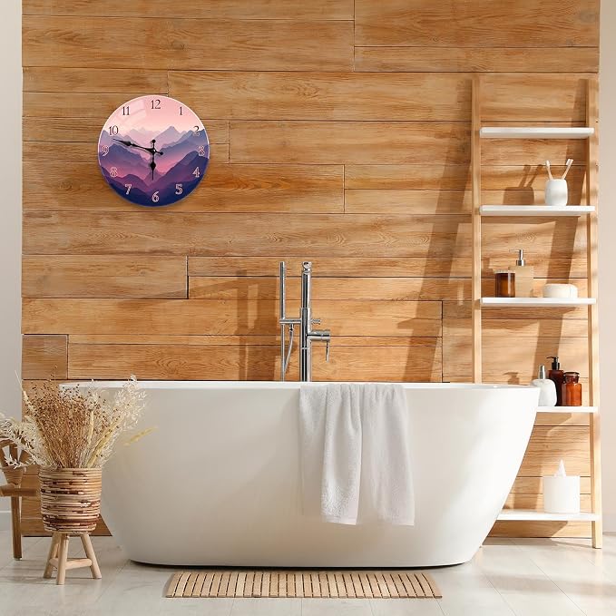 Britimes Round Wall Clock Silent Non-Ticking Battery Operated Outdoor Waterproof Glass Clock 12 Inch, Mountain Home Decor for Living Room, Kitchen, Bathroom, Bedroom, and Office