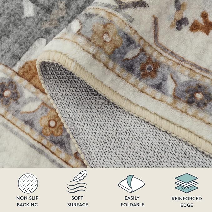 Lahome Felice 3x5 Rugs for Entryway, Machine Washable Kitchen Area Rug Non Slip Bedroom Rug, Oriental Vintage Soft Kid Pet Friendly Printed Indoor Throw Carpet for Bedside Bathroom Decor, Gold
