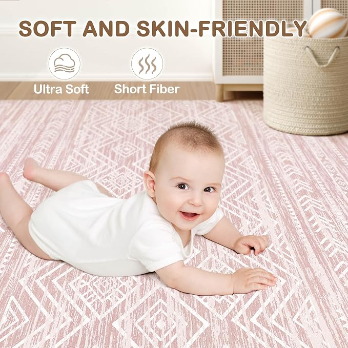 Tortania Area Rug Living Room Rugs- 12x15 Washable Large Soft Neutral Boho Moroccan Bohemian Farmhouse Rug Indoor Floor Carpet for Bedroom Under Dining Table Home Office Decor - Pink