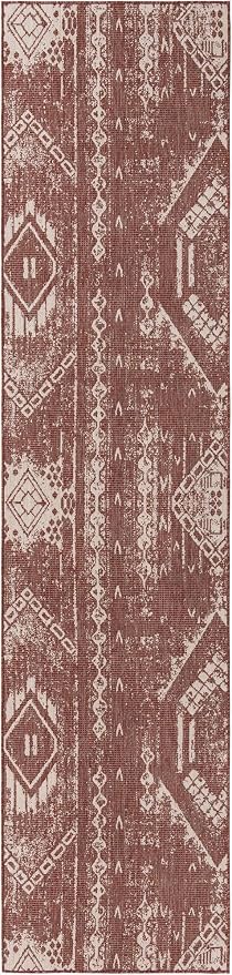 Unique Loom Outdoor Bohemian Collection Area Rug - Anthro (3' 3" x 14' 1" Runner, Rust Red/ Ivory)