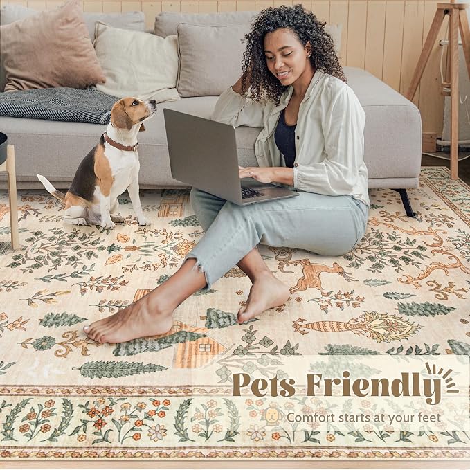 Living Room Rugs 8x10: Washable Boho Rug Farmhouse Non Slip Stain Resistant Large Rug Low Pile Soft Carpet for Bedroom Dining Room Children Room (Cream Animal,8'x10')