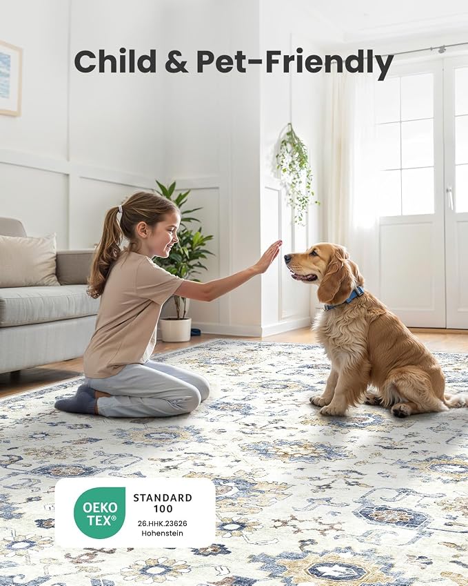 AMADA HOMEFURNISHING 5x7 Area Rugs, Washable Living Room Rug Low-Profile with Non-Slip Backing & Durable Edge Binding, Vintage 5x7 Rugs for Living Room, Bedroom, Dining Room