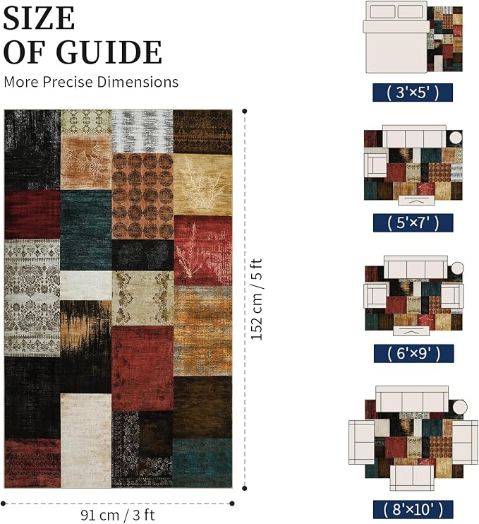 Mid Century Modern Vintage Cowboy Area Rug 3x5 for Bedroom,Retro Patchwork Living Room Rug Non Slip,Red and Brown Floral Farmhouse Rugs Washable, Geometric Boho Rugs for Kitchen,Dining Room