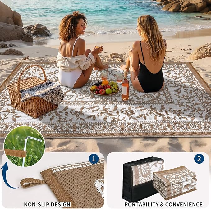 Garvee Outdoor Rug 5x8, Waterproof Reversible Foldable Plastic Straw Rug, Botanical cottagecore Outdoor Rugs Patio Camping RV Carpet for Deck Camper Porch Balcony Backyard Picnic Beach Coffee