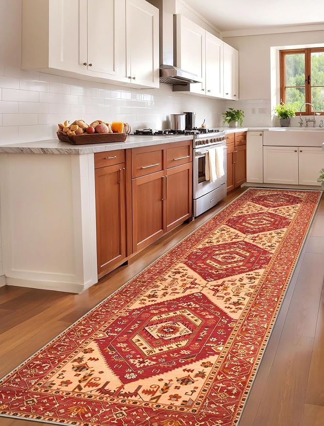 SERISSA 2'6"x12' Washable Non Slip Boho Runner Rug for Hallway，Red | Ultra Soft Vintage Oriental Carpet Low-Pile Tribal Floor Carpet for Kitchen Bedroom Entryway Bathroom Laundry Room
