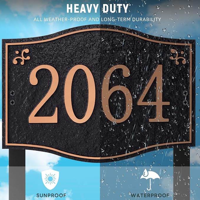 Personalized Address Plaque Sign - LAWN MOUNTED, House Address Signs for Outside Use for House,Apartment,Office,Yard (Black/Red Copper)