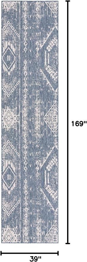 Unique Loom Outdoor Bohemian Collection Area Rug - Anthro (3' 3" x 14' 1" Runner, Blue/ Ivory)
