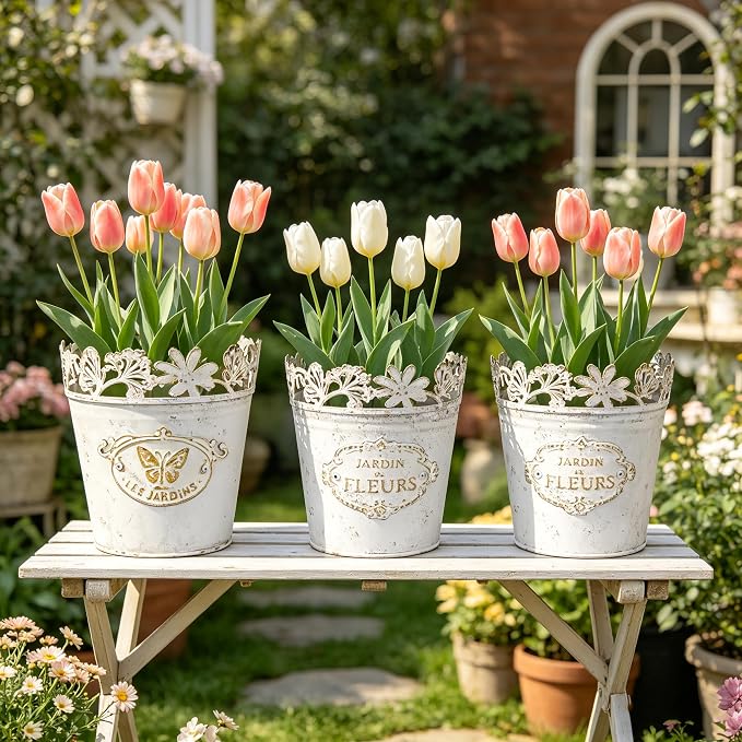 Set of 3 Vintage French Country Planters, Distressed White Metal Flower Pots with Lace Cutout Rim, Plant Pots for Succulents, Herbs, Indoor Outdoor Home Garden Decor (White - Set of 3)