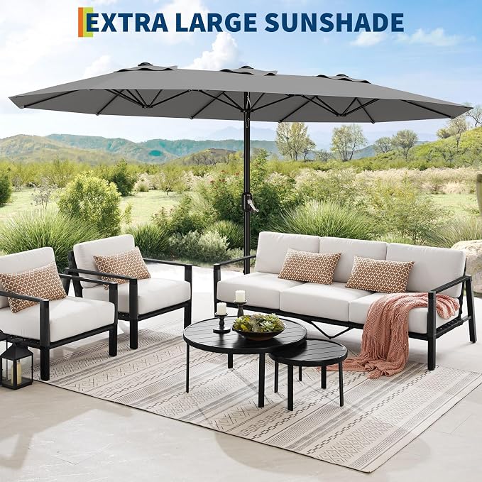Garvee 15FT Rectangular Outdoor Umbrella Patio Umbrella with Base Included Large Market Umbrellas with Crank Handle UV Protection Table Umbrellas for Outdoor, Backyard, Deck, Poolside, Grey