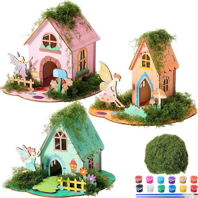 DoubleFill 3 Sets Wooden Fairy House Kit Craft - DIY Fairy Garden with Paints & Decorations - Arts Crafts & Birthday Gift for Craft Activity Party Decor (Cute Tall)