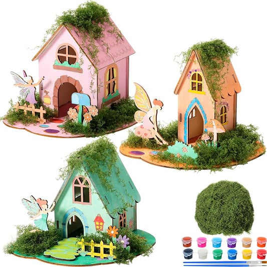 DoubleFill 3 Sets Wooden Fairy House Kit Craft - DIY Fairy Garden with Paints & Decorations - Arts Crafts & Birthday Gift for Craft Activity Party Decor (Cute Tall)