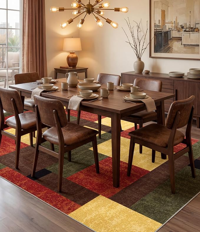 Red and Green Area Rug 6x9 for Living Room,Burgundy Farmhouse Rugs Washable, Burnt Orange Vintage Rug Non Slip,Geometric Boho Area Rug for Kitchen,Dining Room,Bedroom