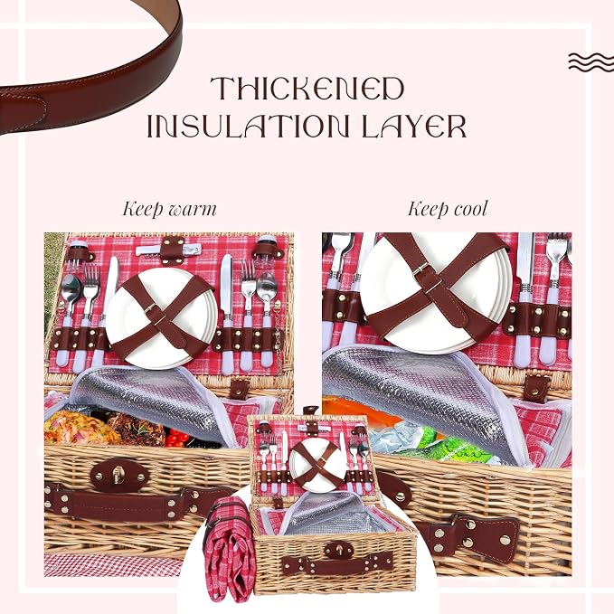 Picnic Baskets Wicker Willow Picnic Set for 4 Persons with Insulated Cooler Bag and Waterproof Pink Plaid Picnic Blanket Gift for Christmas Thanksgiving Wedding Birthday Camp Outdoor Beach Travel