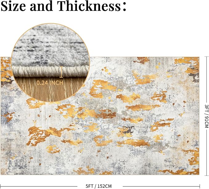 Washable Area Rug 3x5: Modern Small Rugs and Mats for Entryway Kitchen Bathroom Bedroom Indoor - Non-Slip Stain Resistant Thin Low Pile - Orange Gold Grey