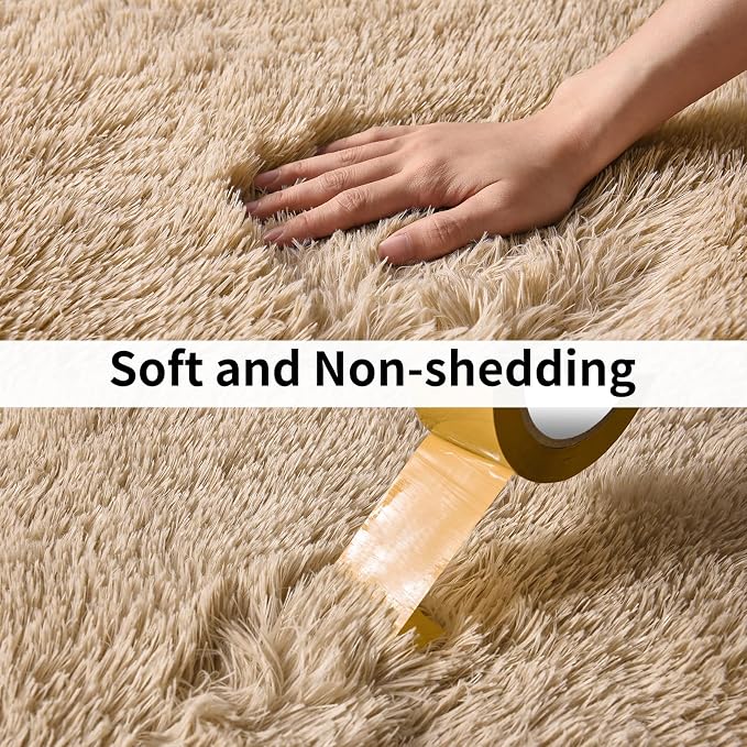 8x10 Large Area Rugs for Living Room, Fluffy Washable Beige | Upgrade Non-slip, 8 x 10 Neutral Big Shag Rug for Bedroom Kids, Modern Shaggy Furry Carpet for Dorm, Flame Resistant