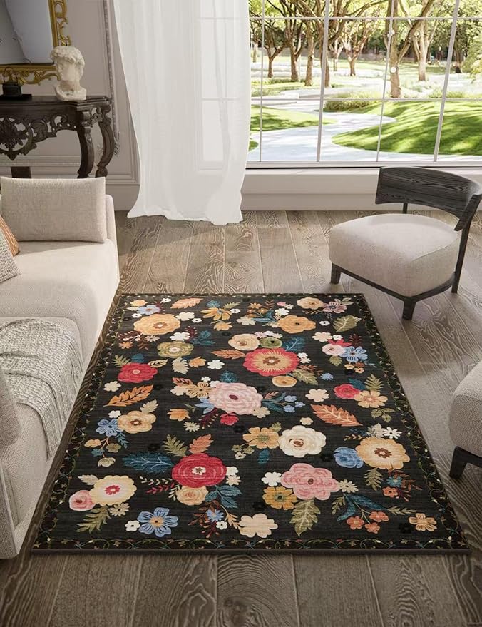 3x5 Washable Area Rugs for Bedroom: Entryway Rug with Non Slip Backing Low Pile Soft Faux Wool Distressed Vintage Floral Small Throw Rugs for Living Room Kitchen Office Dorm Entrance Enytry Indoor