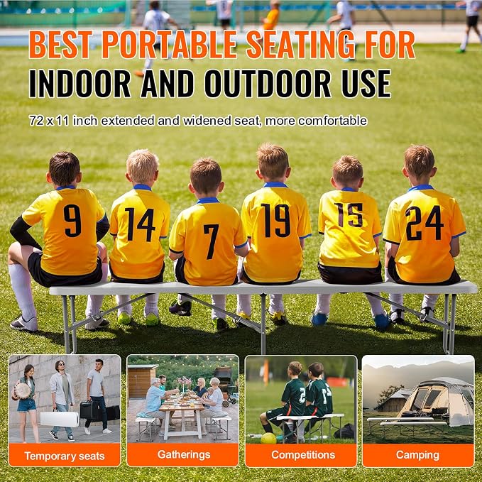 VEVOR Plastic Folding Bench, 6ft Portable Folding Bench, Smooth High Density Polyethylene Waterproof Outdoor Bench, Picnic Camping Table with Handle for Garden Soccer Playtime, White (2 Pack)