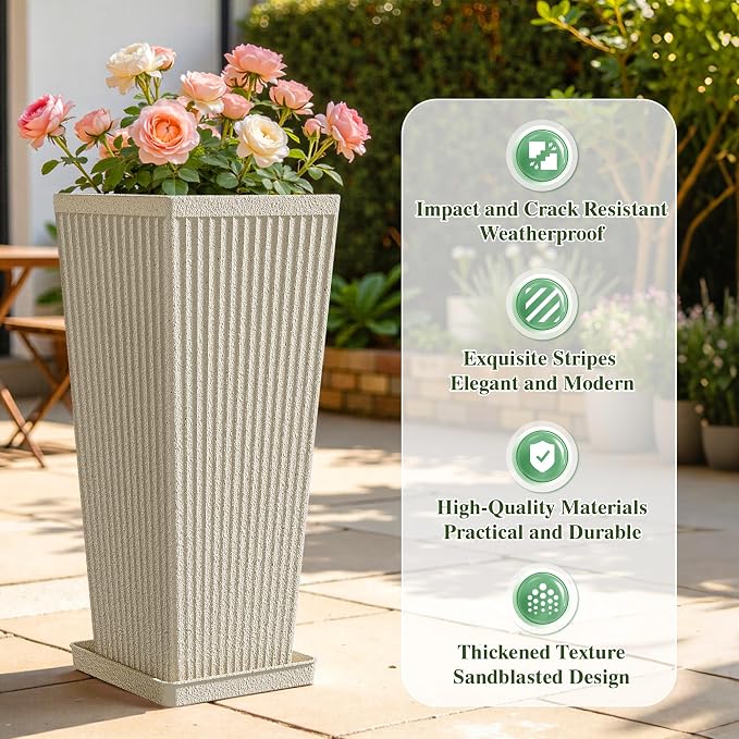 Front Porch Planters Outdoor Set of 2, 24" Tall Plastic Planters for Outdoor Plants with Drainage, Extra Large Outdoor Planter Pots, Tapered Tall Planters for Front Door & Indoor Plants, Beige