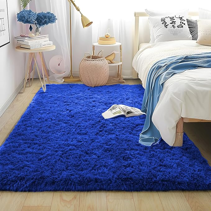 Soft Shag Rugs for Boys Bedroom, Fluffy Washable 4x6 Royal Blue | Upgrade Non-slip, 4 x 6 Shaggy Rugs for Living Room, High Pile Fuzzy Plush Carpet Kids Room Dorm, Flame Resistant