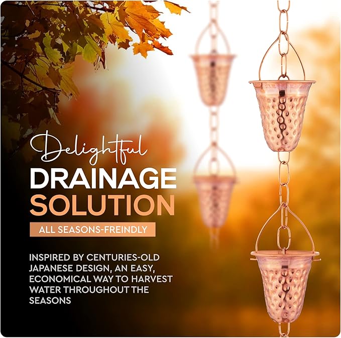 Copper Rain Chain – Decorative Chimes & Cups Replace Gutter Downspout & Divert Water Away from Home for Stunning Fountain Display – for Universal Fit