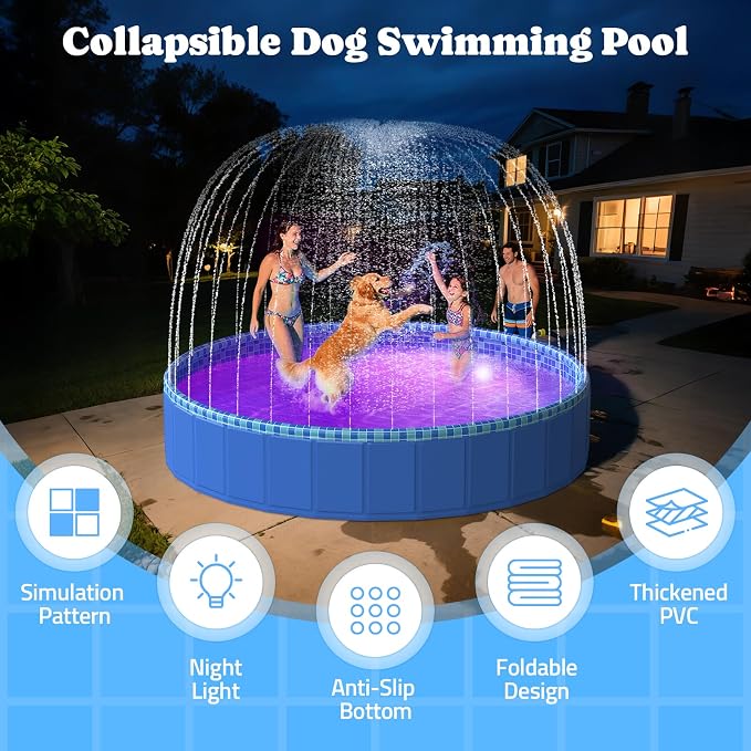 Pawtners Large Foldable Kiddie Pool with Sprinkler & RGB LED Light 72'' | Splash Pad, Wading Pool, Bathing Tub, Hard Plastic, Heavy Duty, Non-Slip, Durable, Scratch Resistant, Suitable for Backyard