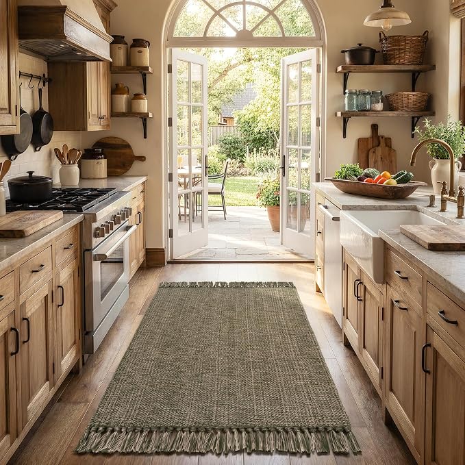 3' x 5' Indoor Entryway Rug, Boho Farmhouse Moss Green Kitchen Rug | Modern Hand-Woven Soft Bedside Rug Low Pile Front Door Mat, Washable Bathroom Rugs for Laundry Nursery Bedroom Patio