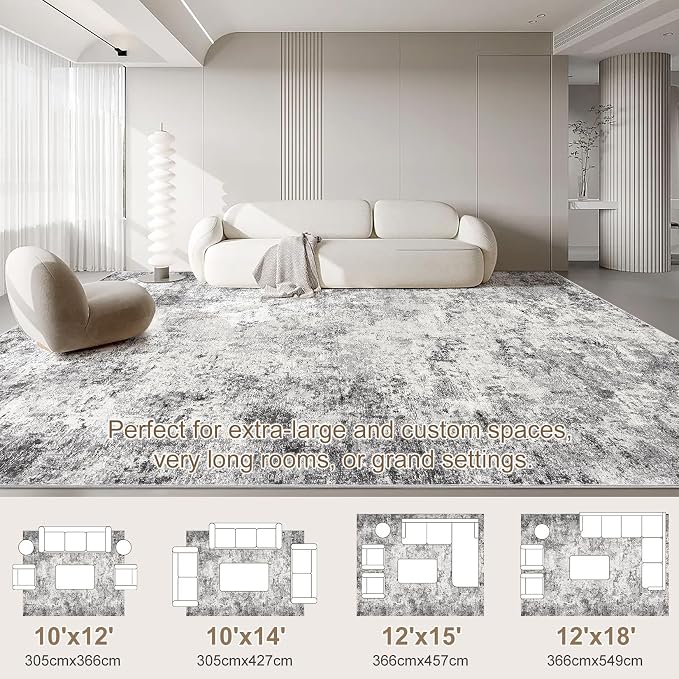 UERMEI 10x12 Area Rug Living Room Rugs - Washable Neutral Modern Abstract Soft Thin Large Rug Indoor Floor No Slip Rug Carpet for Bedroom Under Dining Table Home Office Decor - Grey