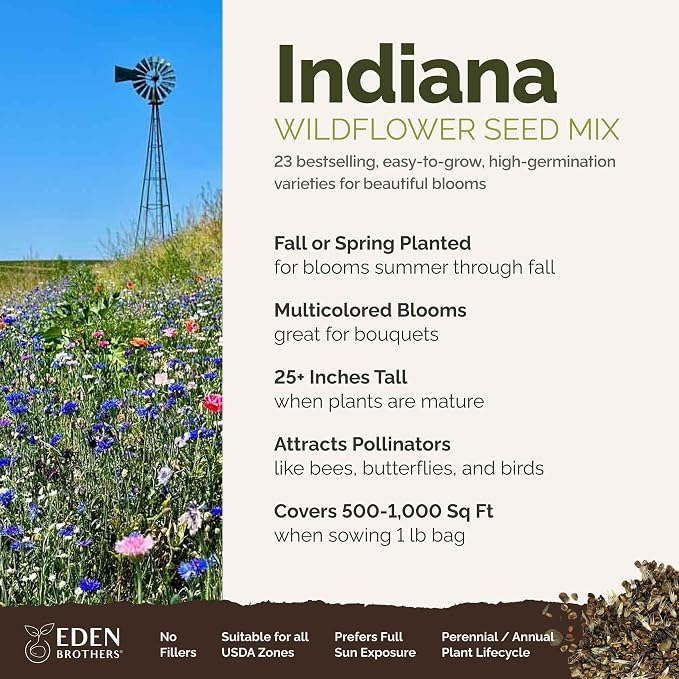 Eden Brothers Indiana Wildflower Mixed Seeds for Planting, 1 lb, 480,000+ Seeds with Sweet William, Cornflower | Attracts Pollinators, Plant in Spring or Fall, Zones