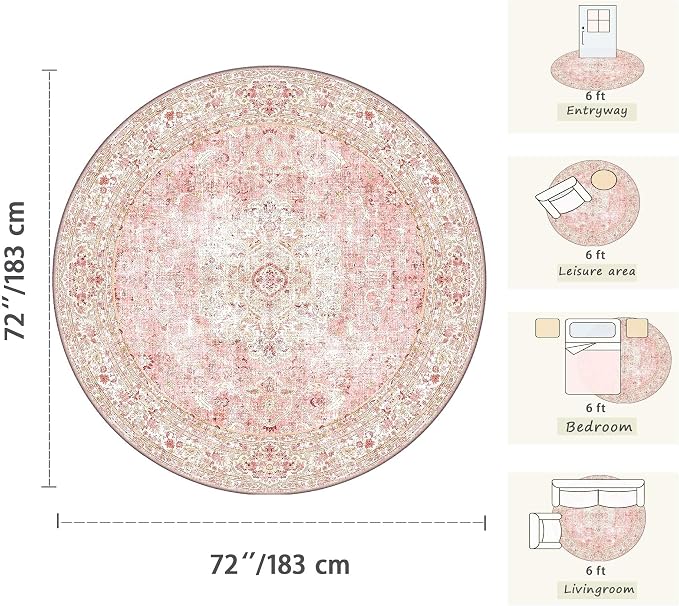 Latte&Fog 6ft Pink Round Area Rug for Girl Bedroom Washable Cute Circle Rug | Non Slip Low Pile Soft Floral Indoor Carpet for Living Room Kids Playroom Nursery Classroom Dorm Decor Dining Kitchen Office