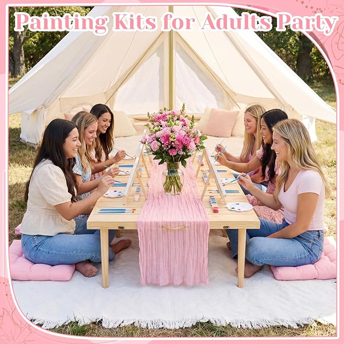 14 Pcs Picnic Paint Party Kit 91'' x 71'' Extra Large Outdoor Boho Blanket with Painting Kit Pink Floor Pillow Cushions and Cheesecloth Table Runner for Painting Party