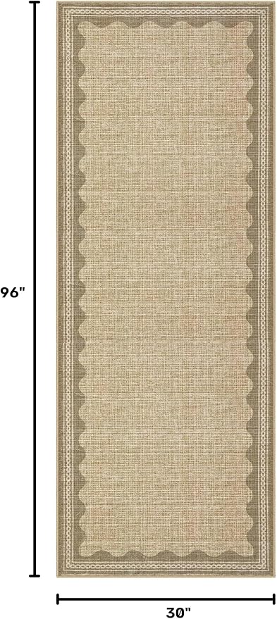 GarveeHome 2.5x8 Runner Rug for Hallway Washable Kitchen Rugs Non Slip Solid Tan Jute Digital Printing Modern Soft Low-Pile Scalloped Indoor Carpet for Entryway Laundry Room Floor Mats