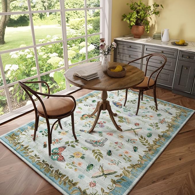Machine Washable Rug for Living Room: 5x7 Area Rugs Vintage Rug Stain Resistant Non Slip Low Pile Soft Lightweight Carpets Rugs for Bedroom Kitchen Dining Room Nursery Kids Room Farmhouse Indoor