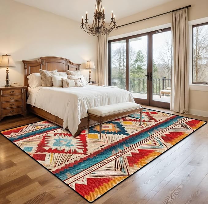8x10 Area Rugs for Living Room Native American Indian Ornament Pattern Geometric Ethnic Textile Washable Large Area Rug for Bedroom Non Slip Outdoor Carpets Soft Mats Kitchen Home Office Decor